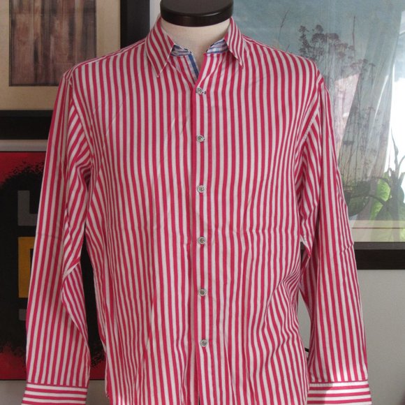 Robert Graham X Red White Stripes Contrasting Cuffs Collar Men's Shirt Sz L Read - Picture 2 of 15